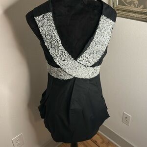 Religion black crossed front balloon draped sides white beaded mini dress‎ Sz M